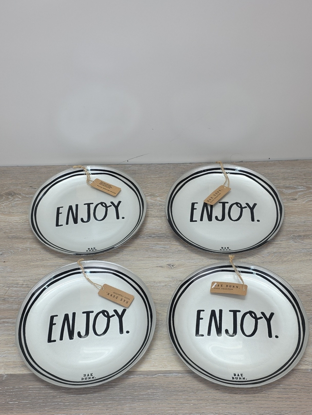 New With Tags Rae Dunn "ENJOY" 8" Silver & Black Glass Plates Set Of 4